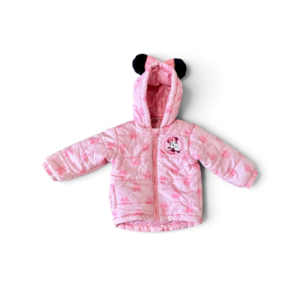 Disney Junior Minnie Mouse Quilted Pink Puffer Jacket with Ears and Bows 18M Zip